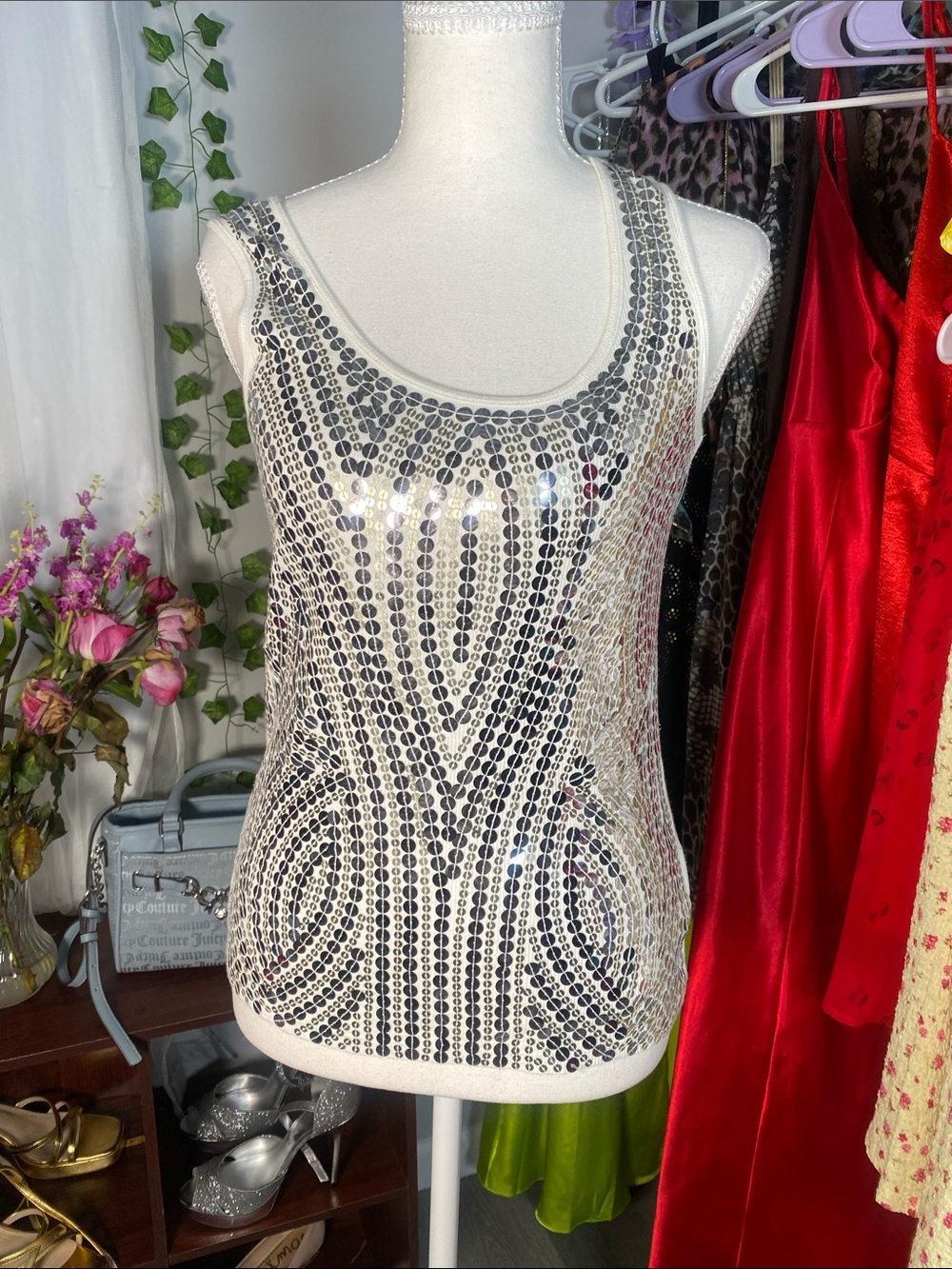 Michael Kors Silver Sequin Embellished Tank Top